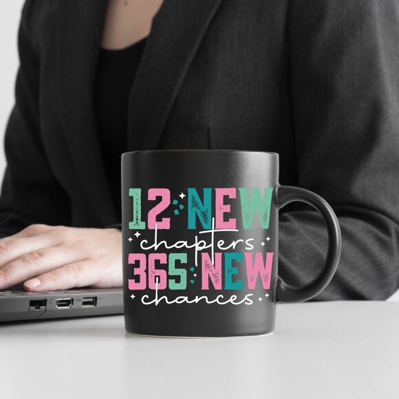 12 New Chapters, 365 New Chances Mug - Black Ceramic, Inspirational Quote - Picture 4 of 4
